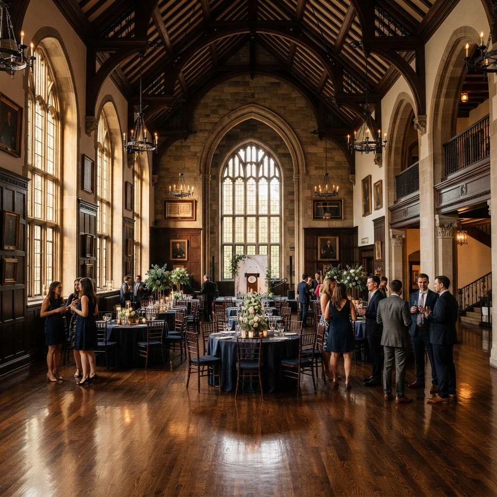 Elegant interior gallery space with arched windows and vaulted beams at Marygrove Conservancy