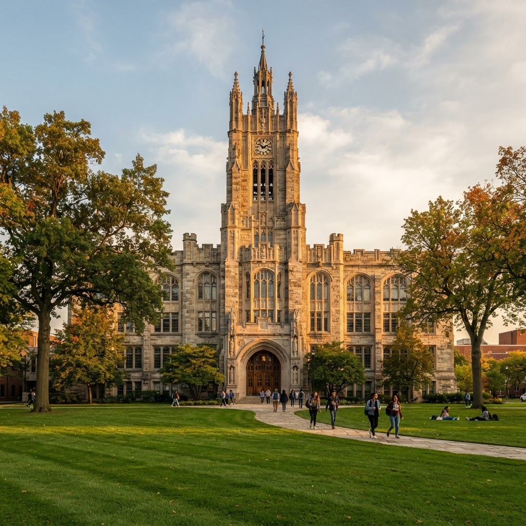 Gothic-revival stone facade of the Marygrove Conservancy with arched windows and lawn
