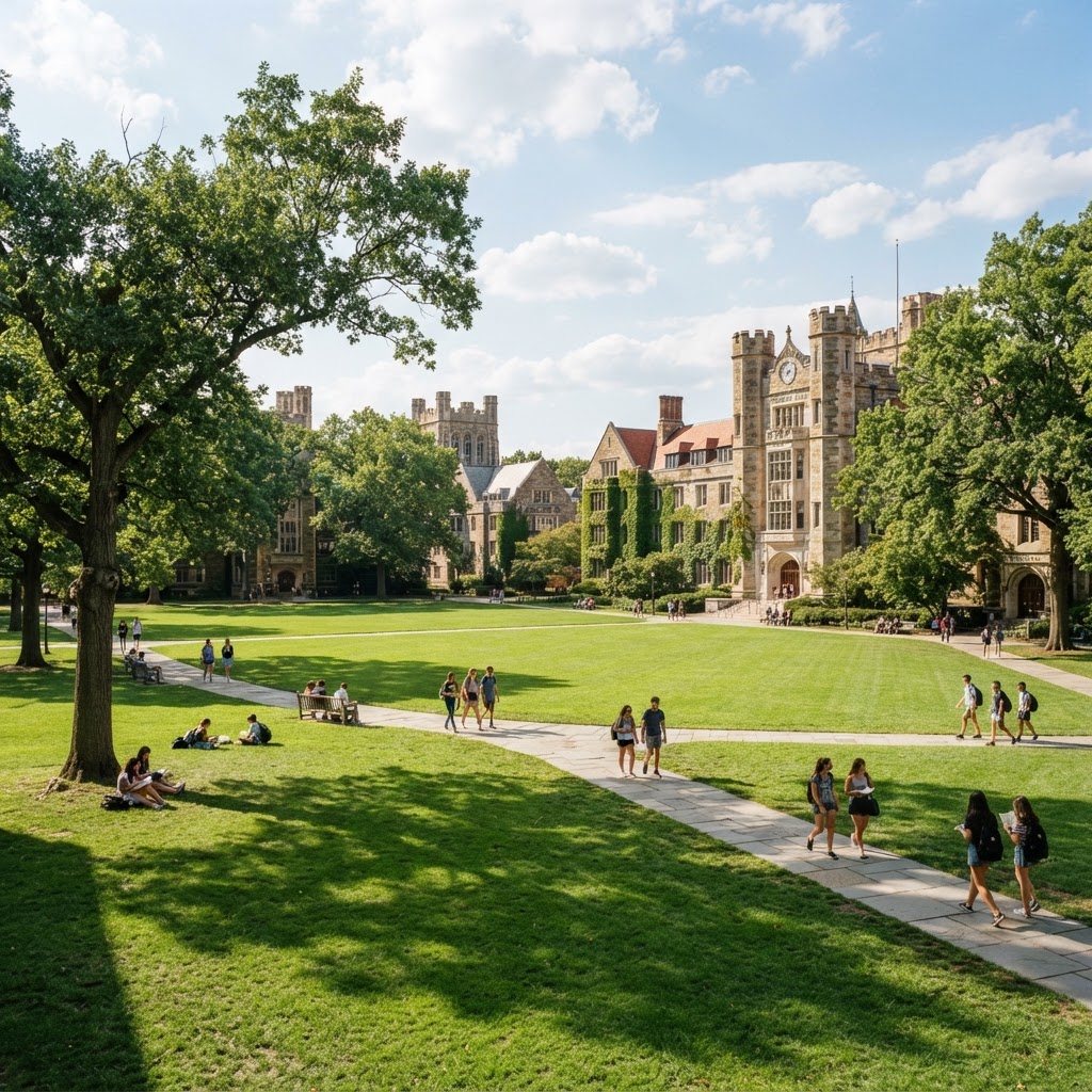 Manicured campus lawn with mature shade trees at Marygrove Conservancy