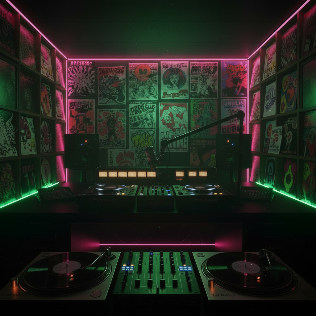 OSR Ireland radio studio with CDJs, Technics, mixer, vinyl and DJ Pressure rave flyers