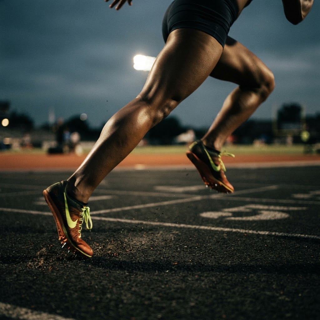Close-up of track running spikes hitting the athletics surface