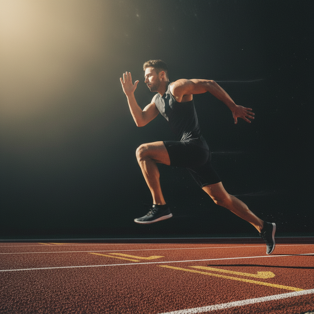 Sprinter mid-stride on athletics track at dawn