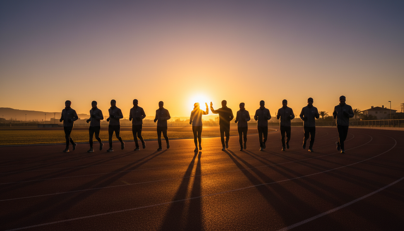 Runners training together at dawn on the athletics track