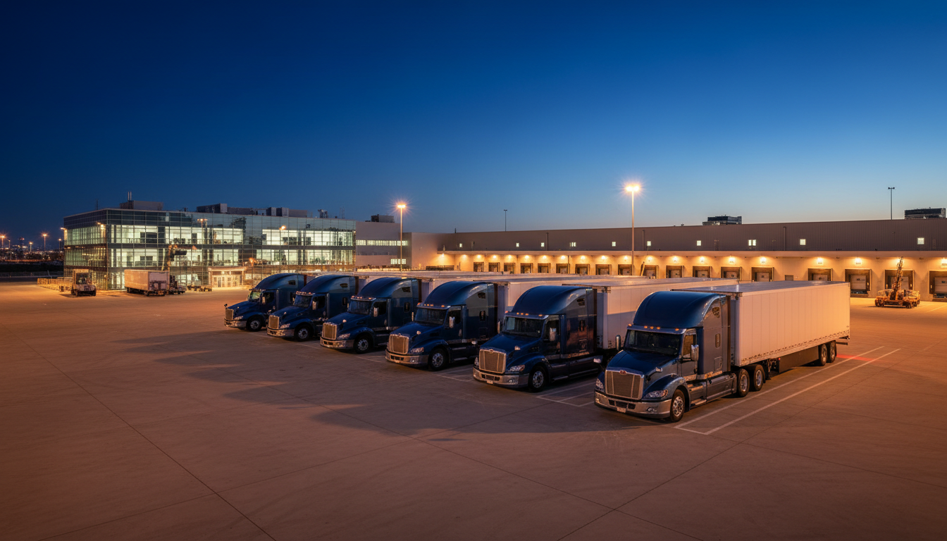 Fleet of trucks at logistics terminal