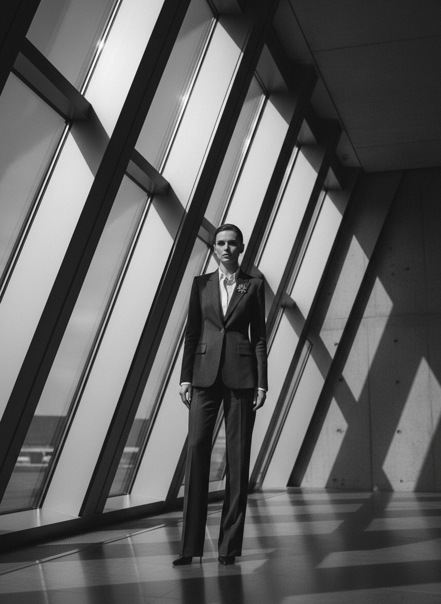 Confident leader in architectural space — editorial portrait