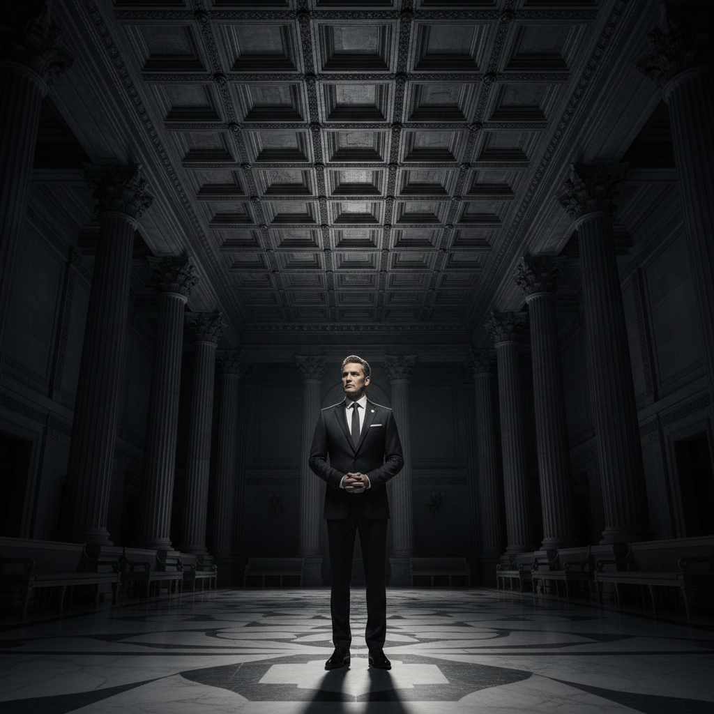 Powerful leader in grand architectural hall with dramatic spotlighting