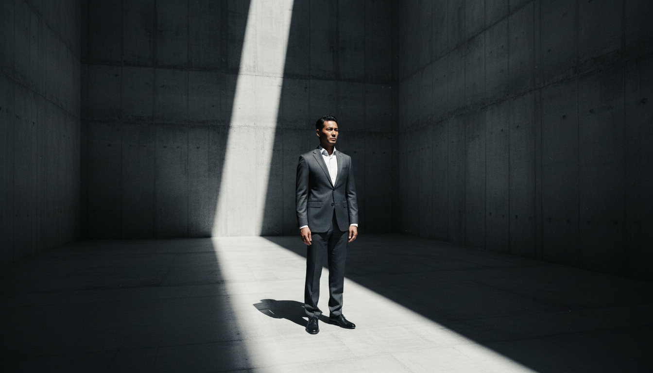 Business leader in minimalist concrete space with dramatic lighting