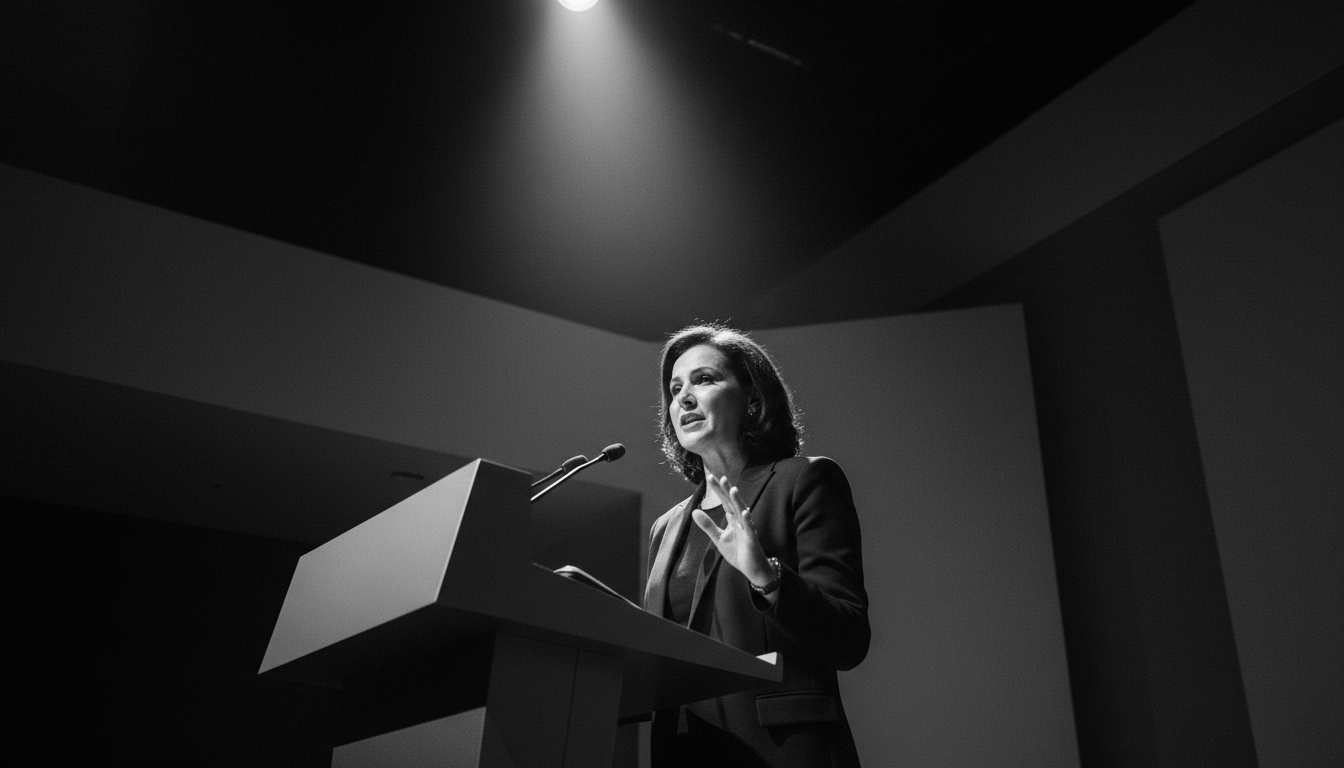 Female leader speaking at modern podium with dramatic spotlight