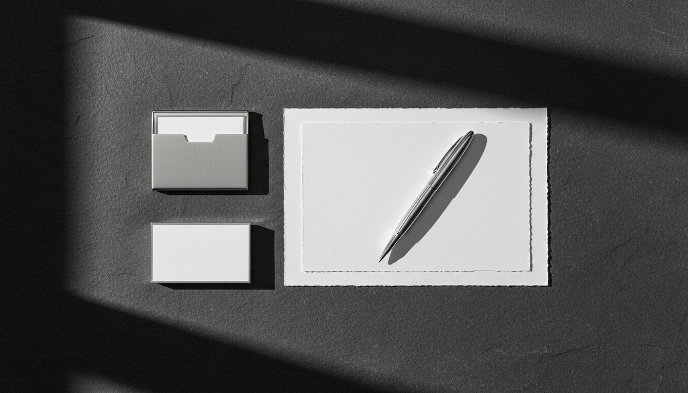 Luxury minimalist stationery on dark slate surface