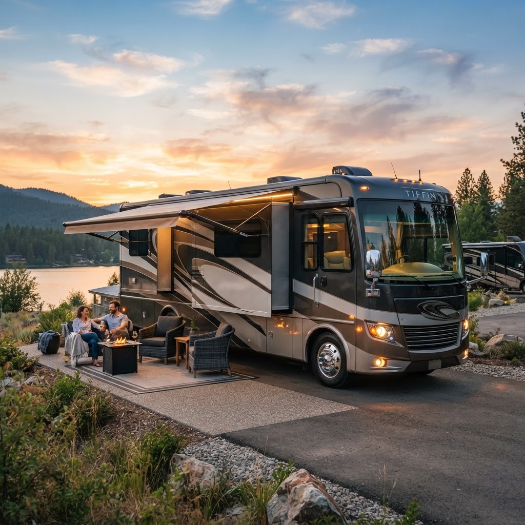 RV at a scenic campground at sunset