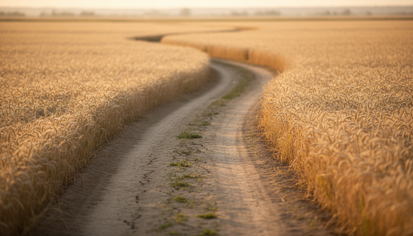 A golden path through wheat fields at dawn