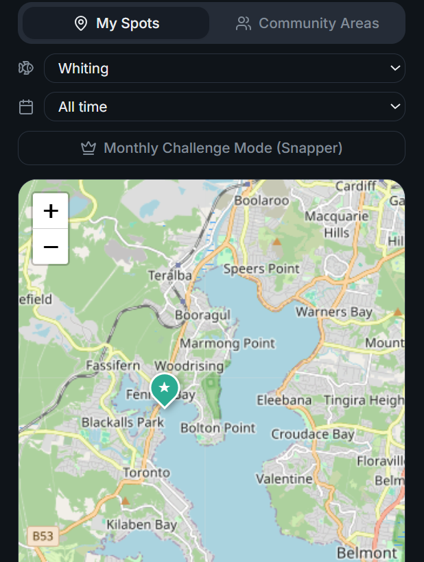 Fishing Map screen showing saved spots, community areas, species and date filters, and a location pin.