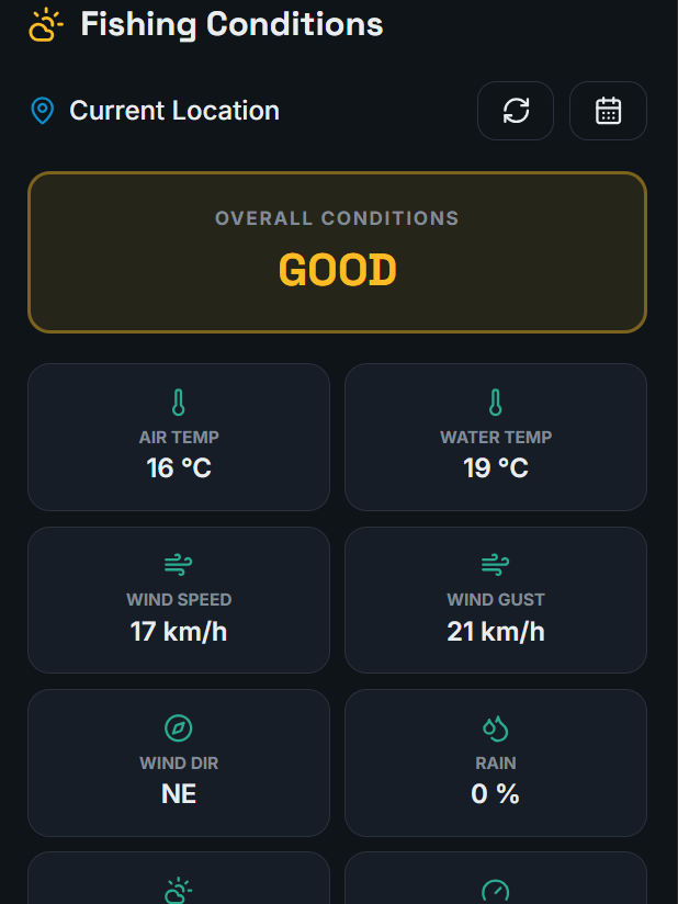 Fishing Conditions screen showing overall conditions, air and water temperature, wind and rain tiles.