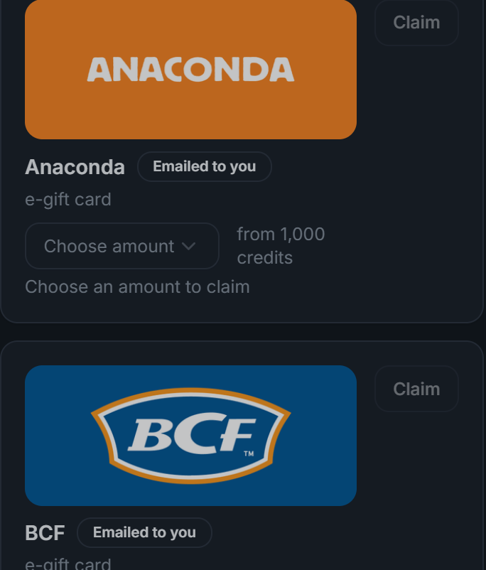 Strike & Scale Reward Store showing Anaconda and BCF e-gift cards with credit prices and Claim buttons.