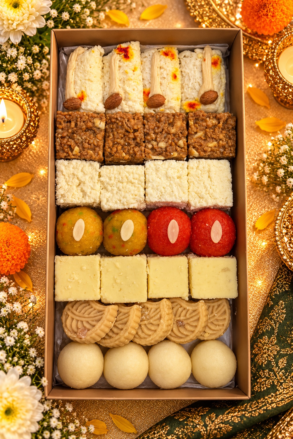 Diwali Box D — assorted Diwali sweets in a gold gift box