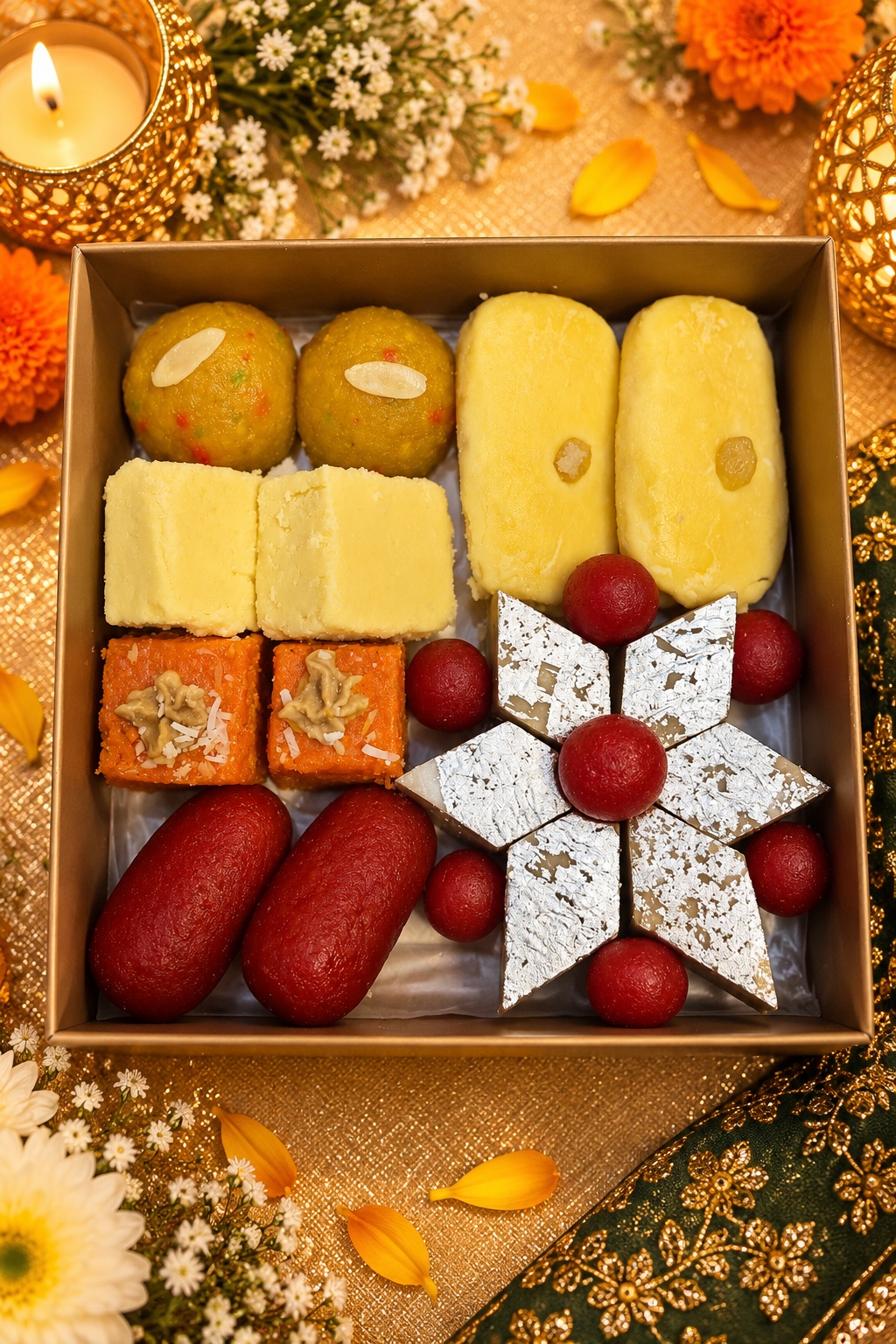 Diwali Box B — assorted Diwali sweets in a gold gift box