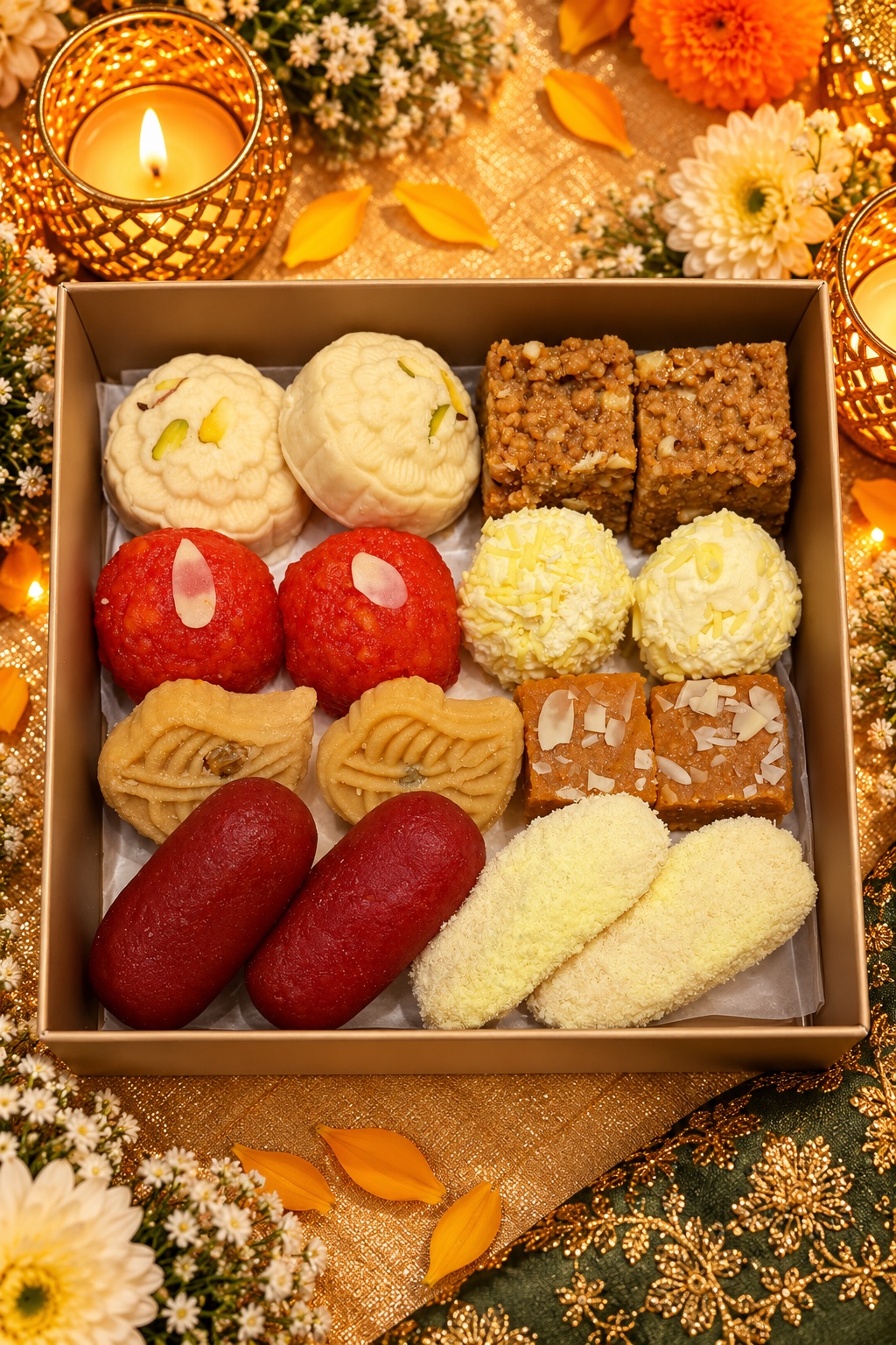 Diwali Box A — assorted Diwali sweets in a gold gift box