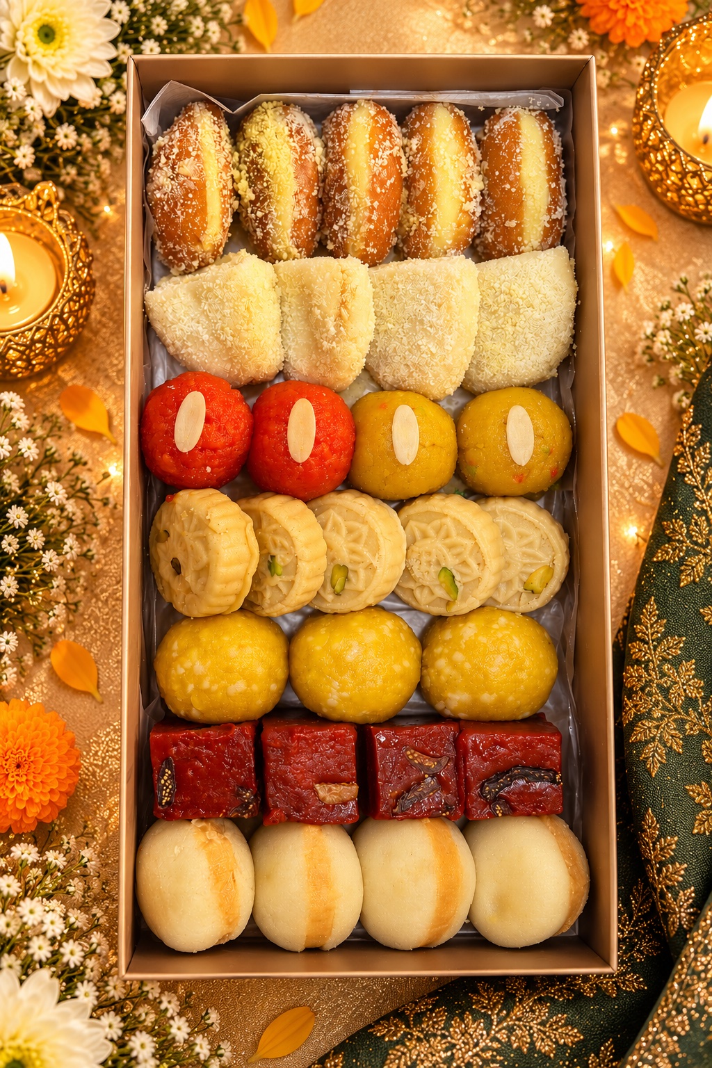 Diwali Box C — assorted Diwali sweets in a gold gift box
