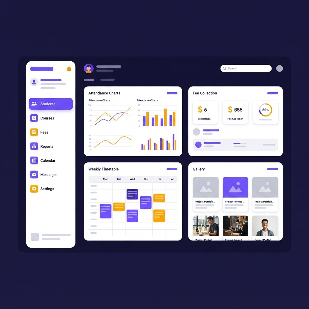 Creative Learn ERP dashboard showing attendance charts, fee collection cards and timetable grid
