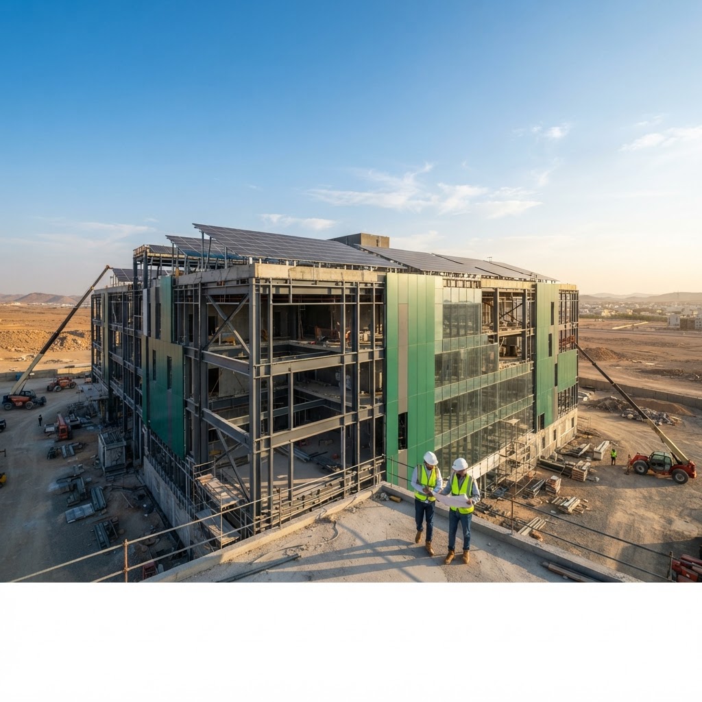 Modern green building under construction with steel structure frame and engineers inspecting insulated panels in Saudi Arabia