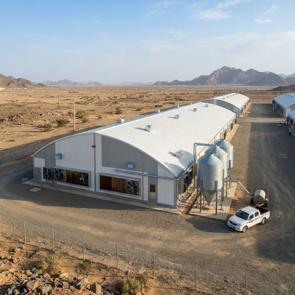 Modern prefabricated steel structure poultry house with insulated panels, ventilation fans and feed silos in Saudi Arabia