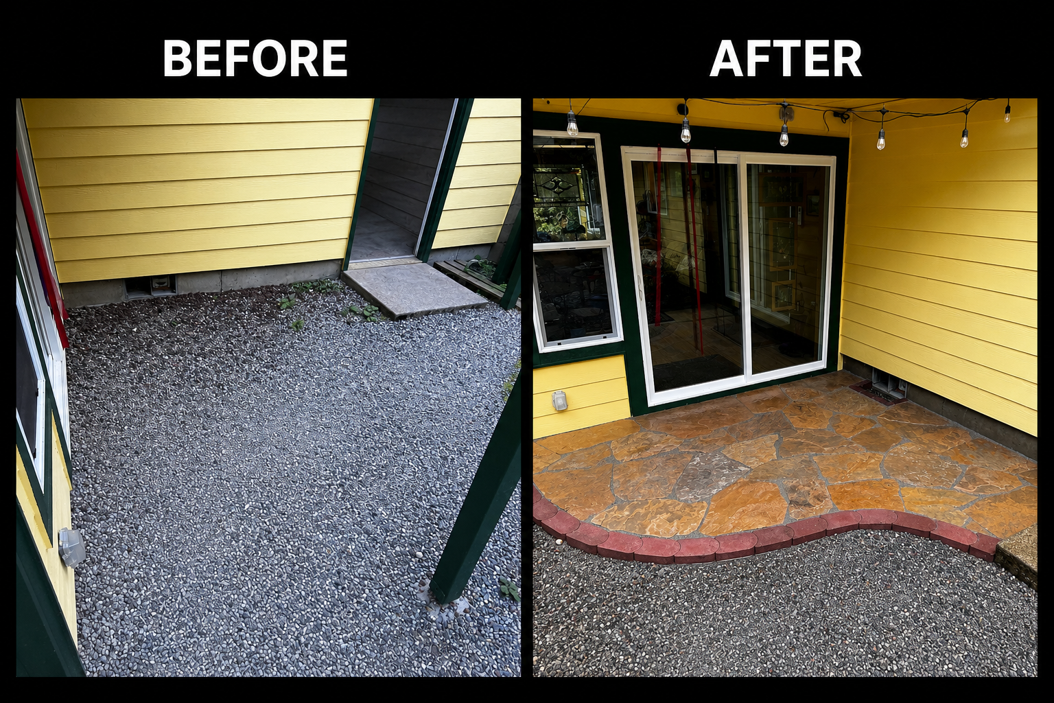 Before and after of a patio installation with flagstone and globe lights