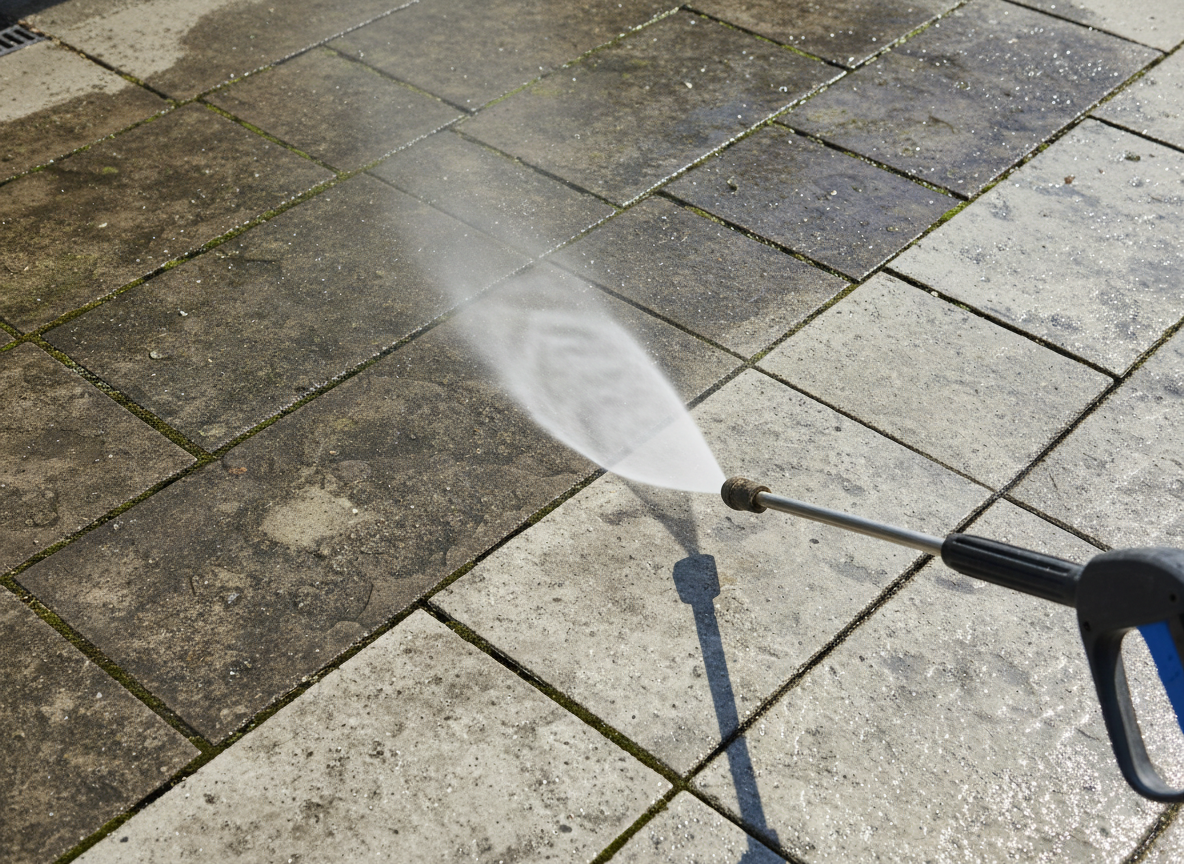 Pressure washing revealing clean stone underneath