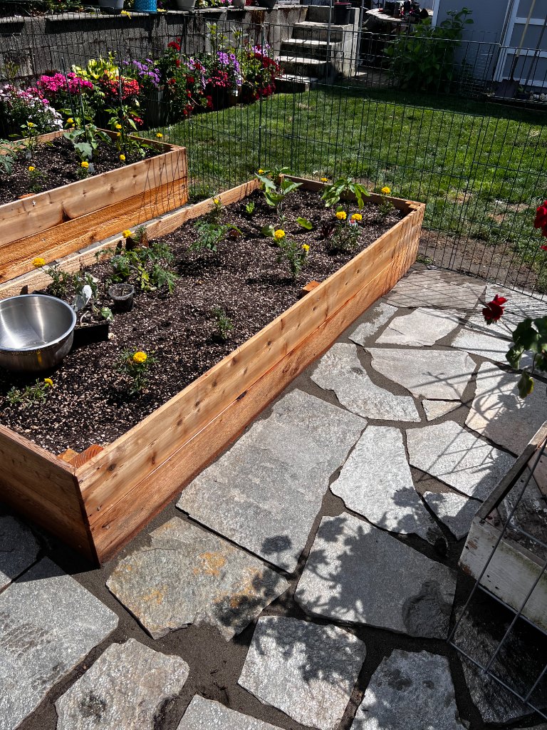 Cedar raised garden beds with vegetables and flowers beside a flagstone patio