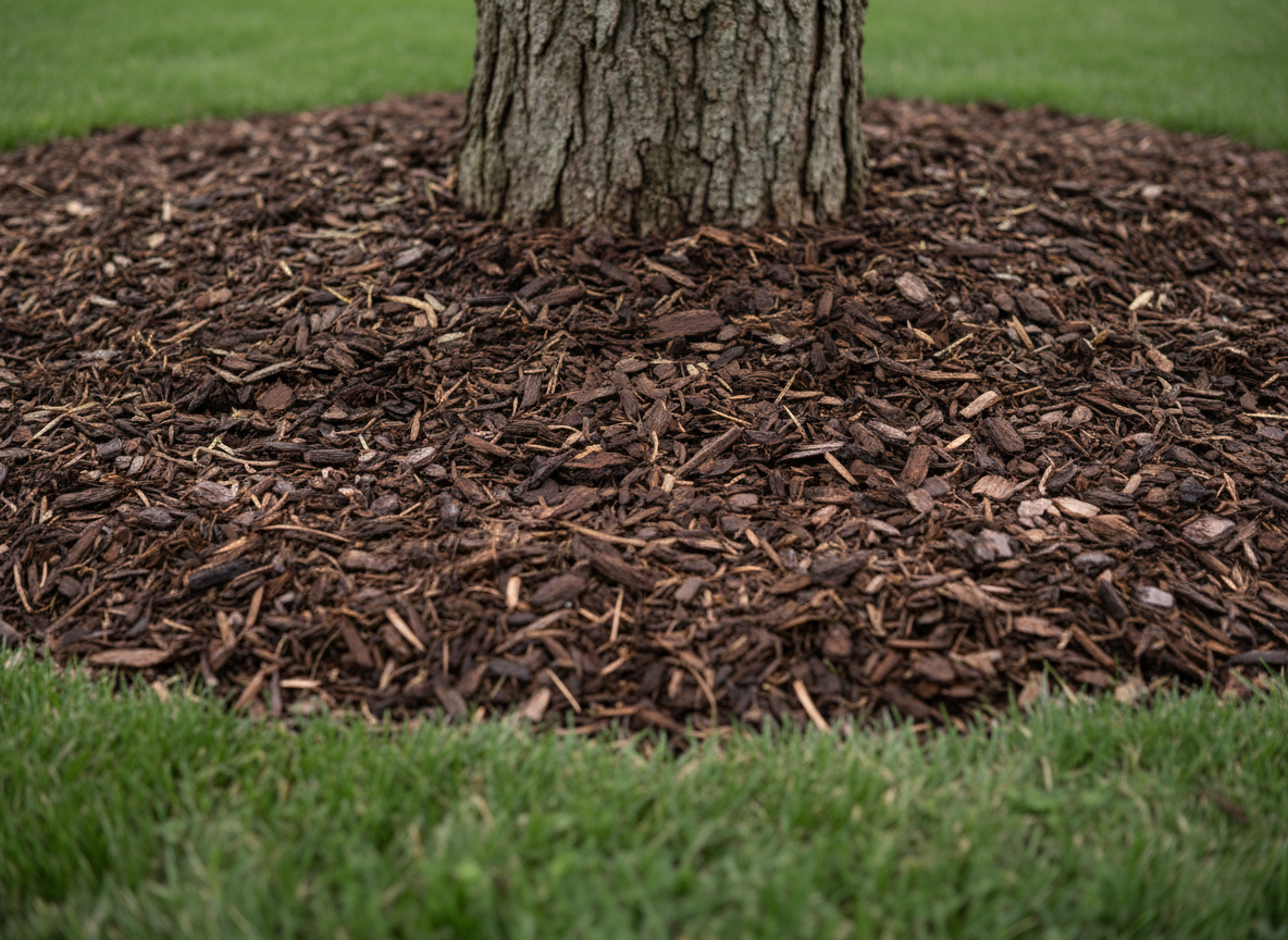 Freshly laid dark bark mulch around a tree base