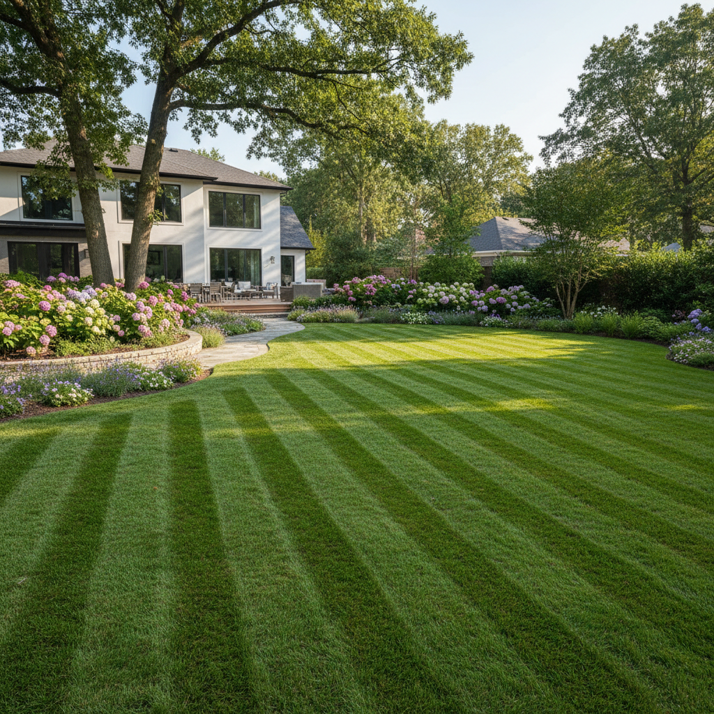 Perfectly green mowed lawn with crisp mowing stripes