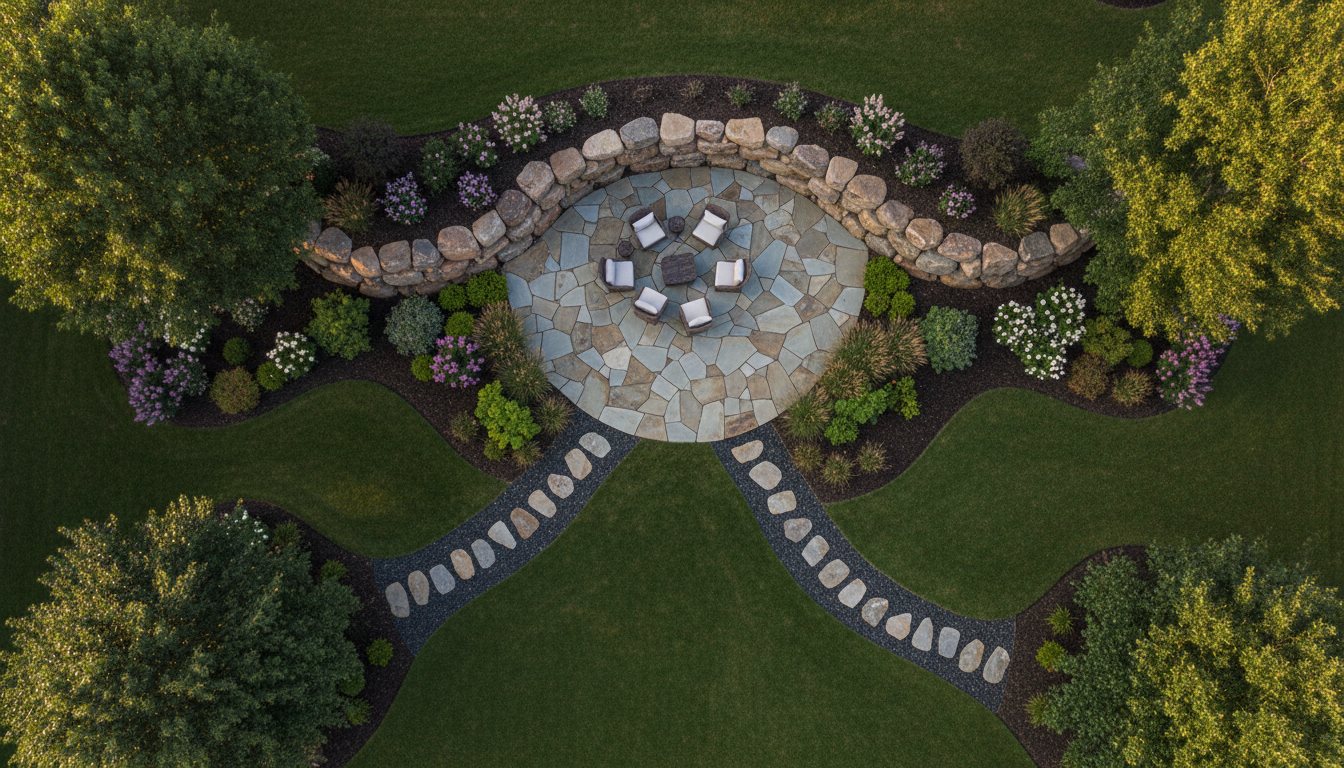 Aerial view of a completed luxury backyard landscape with stone patio, retaining wall, pathway, and garden