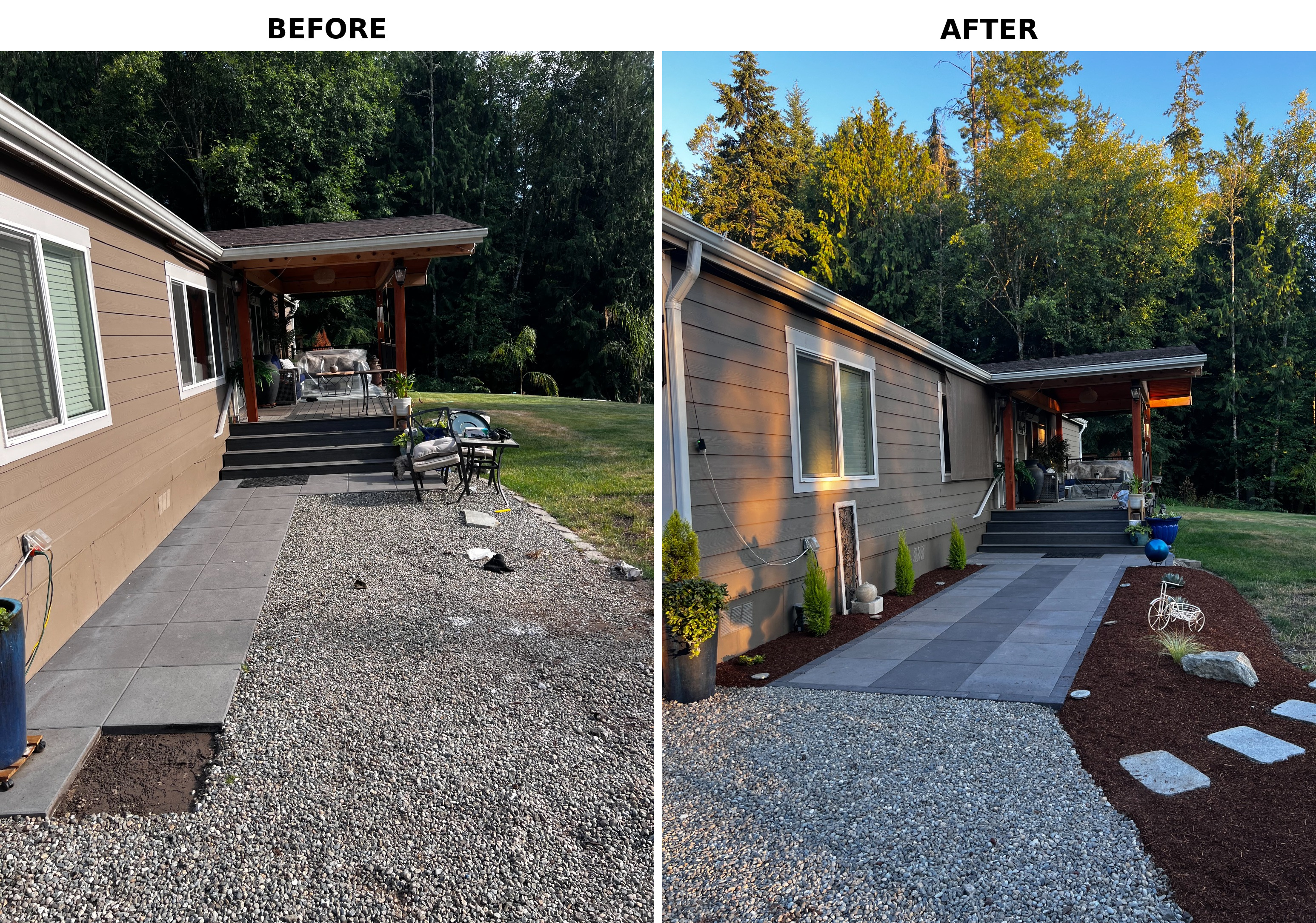 Before and after of a residential landscaping project with a new stone walkway and mulch beds