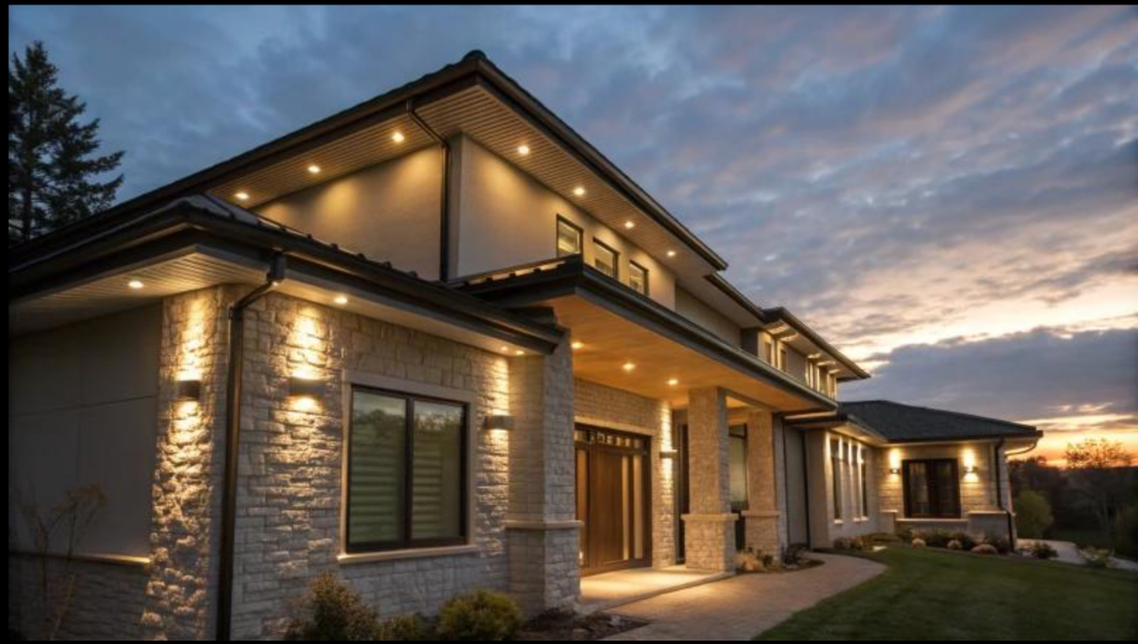 Modern home with aluminum soffit and integrated recessed LED lighting at dusk