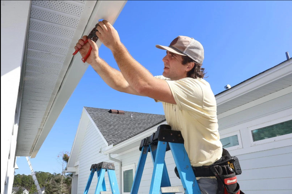 BYLT installer on ladder cutting aluminum during eavestrough installation