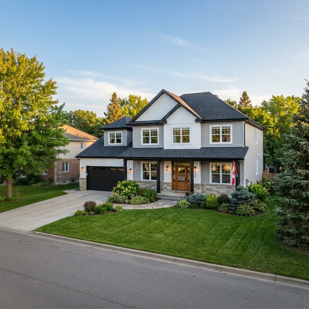Professionally renovated home exterior in Thunder Bay Ontario with new vinyl siding, seamless gutters, aluminum soffit and fascia