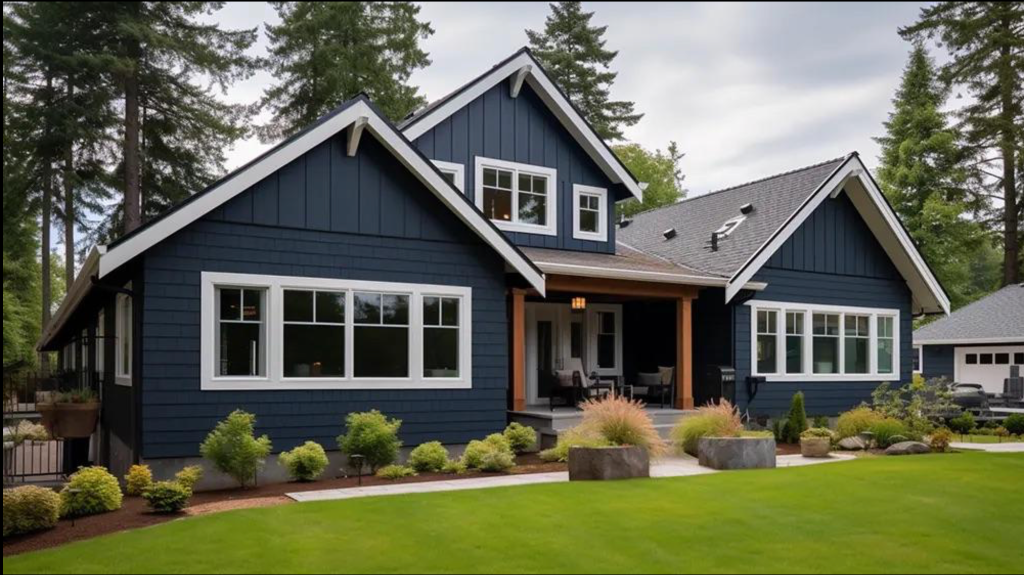 White aluminum window and door trim on navy board-and-batten siding in Thunder Bay