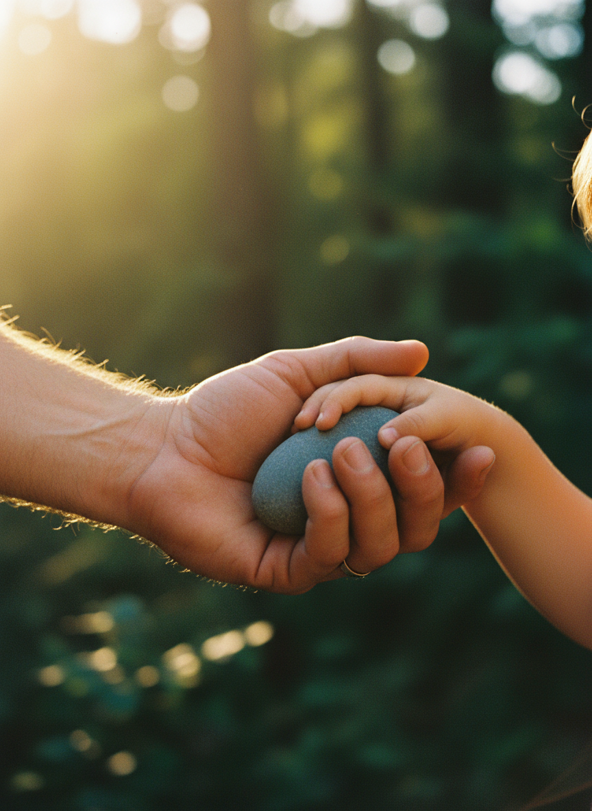 Parent and child hands gently intertwined, holding a smooth stone together in warm golden light