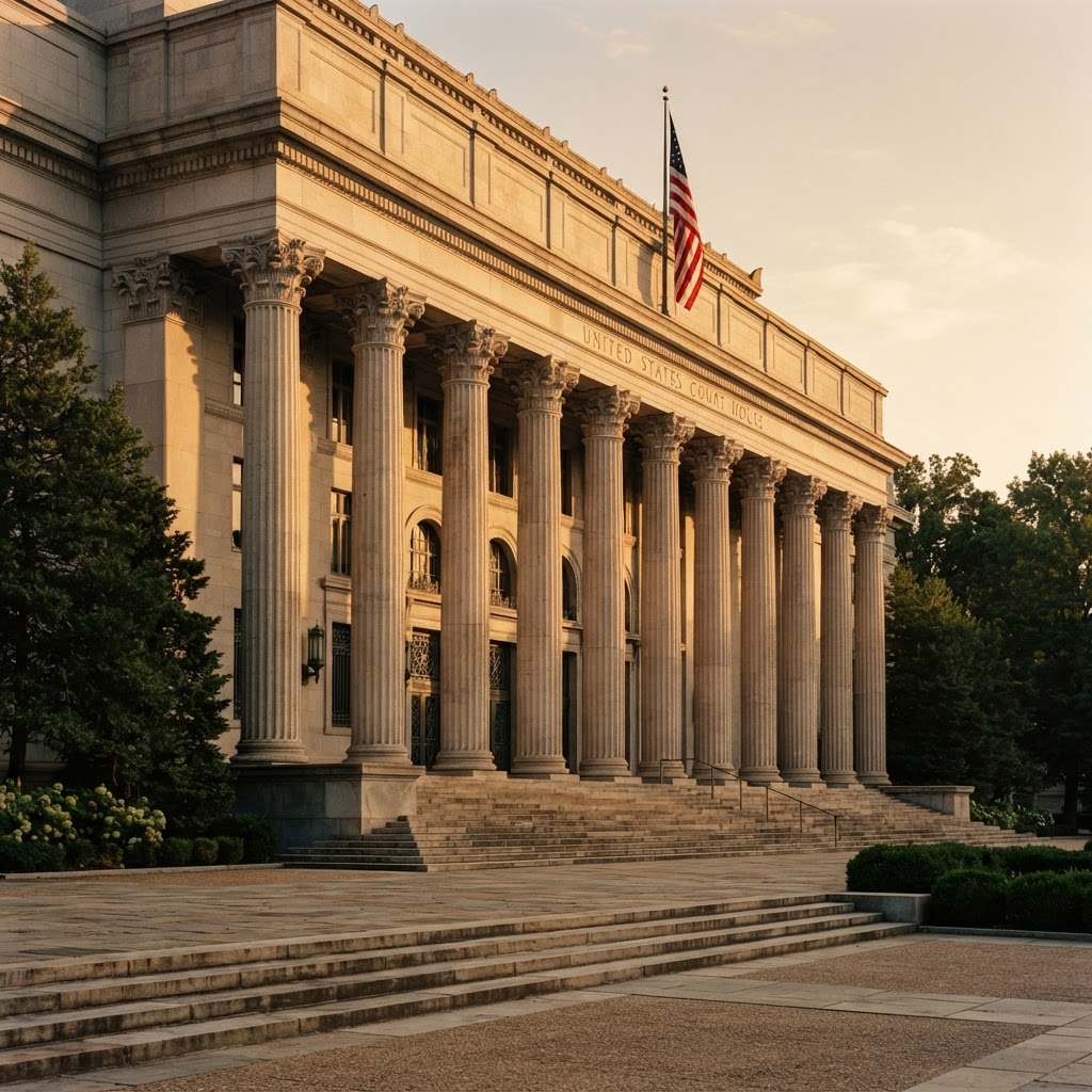 The stone colonnade of a California courthouse at golden hour