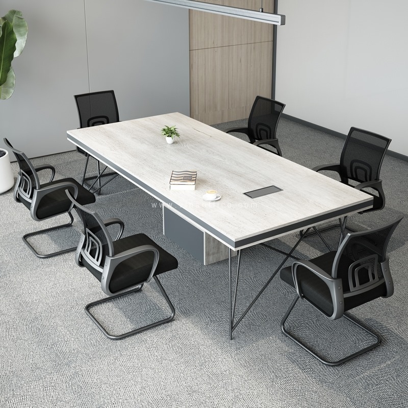 Bàn họp 6 chỗ mặt oak xám chân X sắt xám có tủ lưu trữ