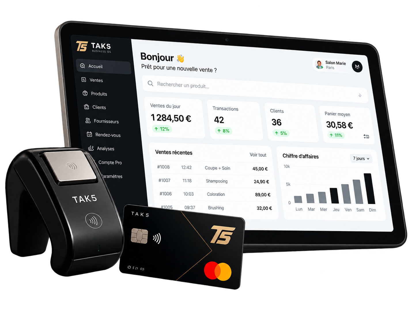 Écosystème TAK5 — tablette, terminal et carte business