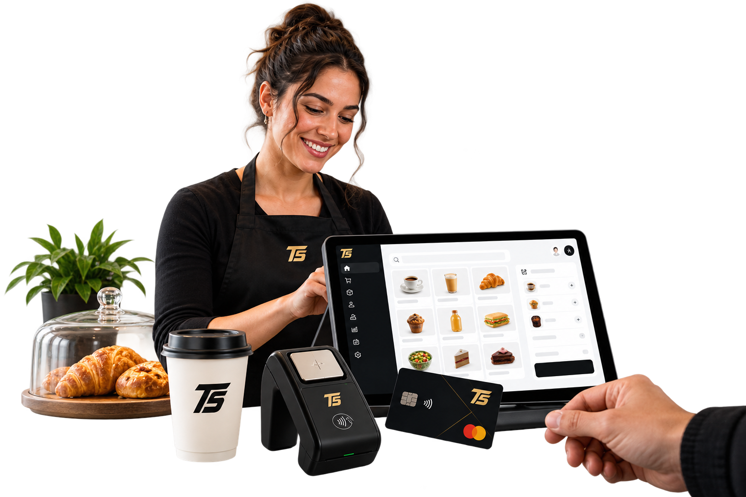 Commerçante utilisant l'écosystème TAK5 — tablette POS, terminal de paiement et carte business