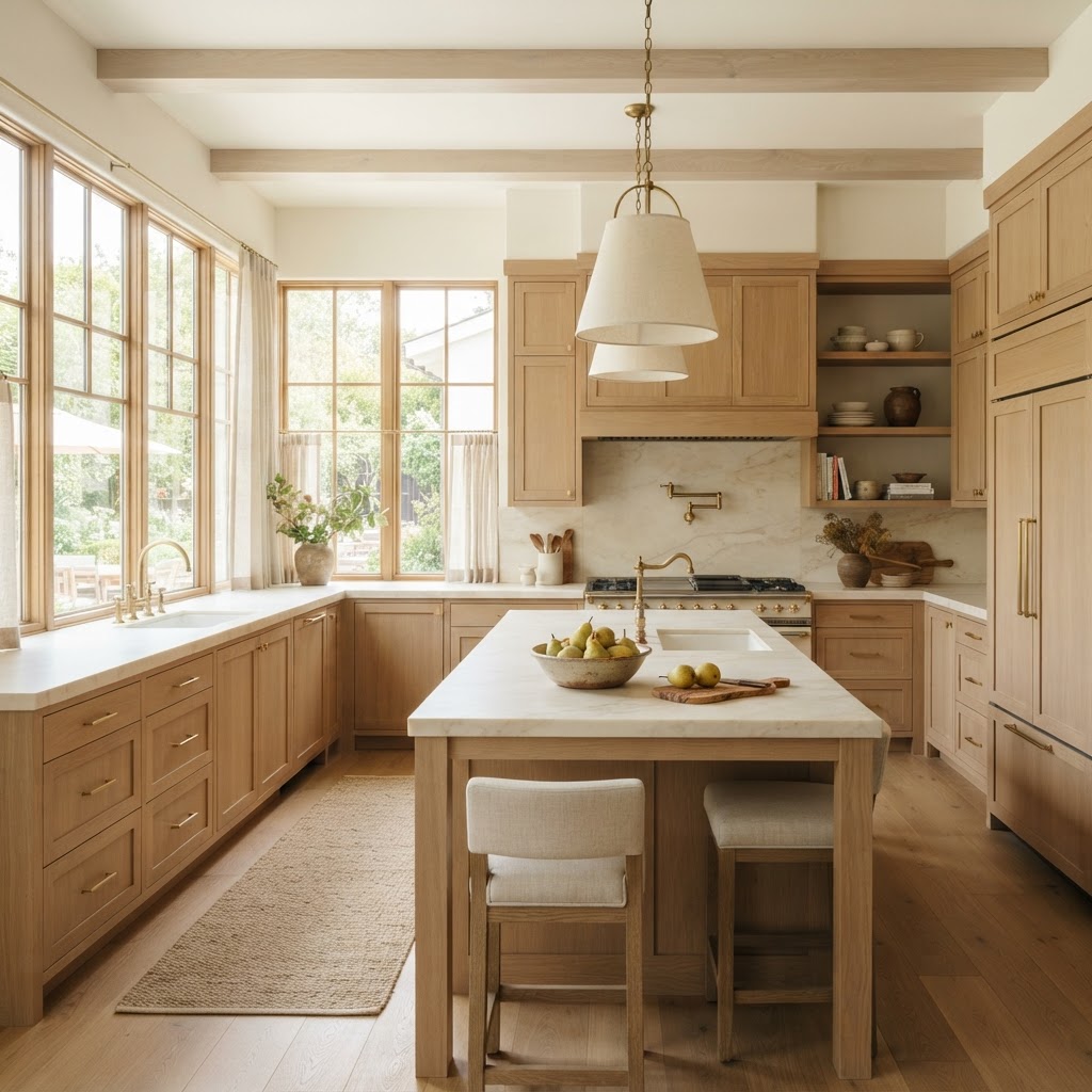 Bright sunlit custom kitchen with white oak cabinetry