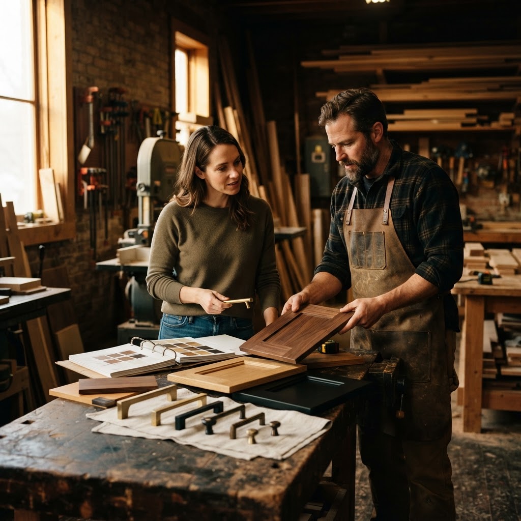 Homeowner reviewing cabinet samples and finish boards with a craftsman in a custom woodshop