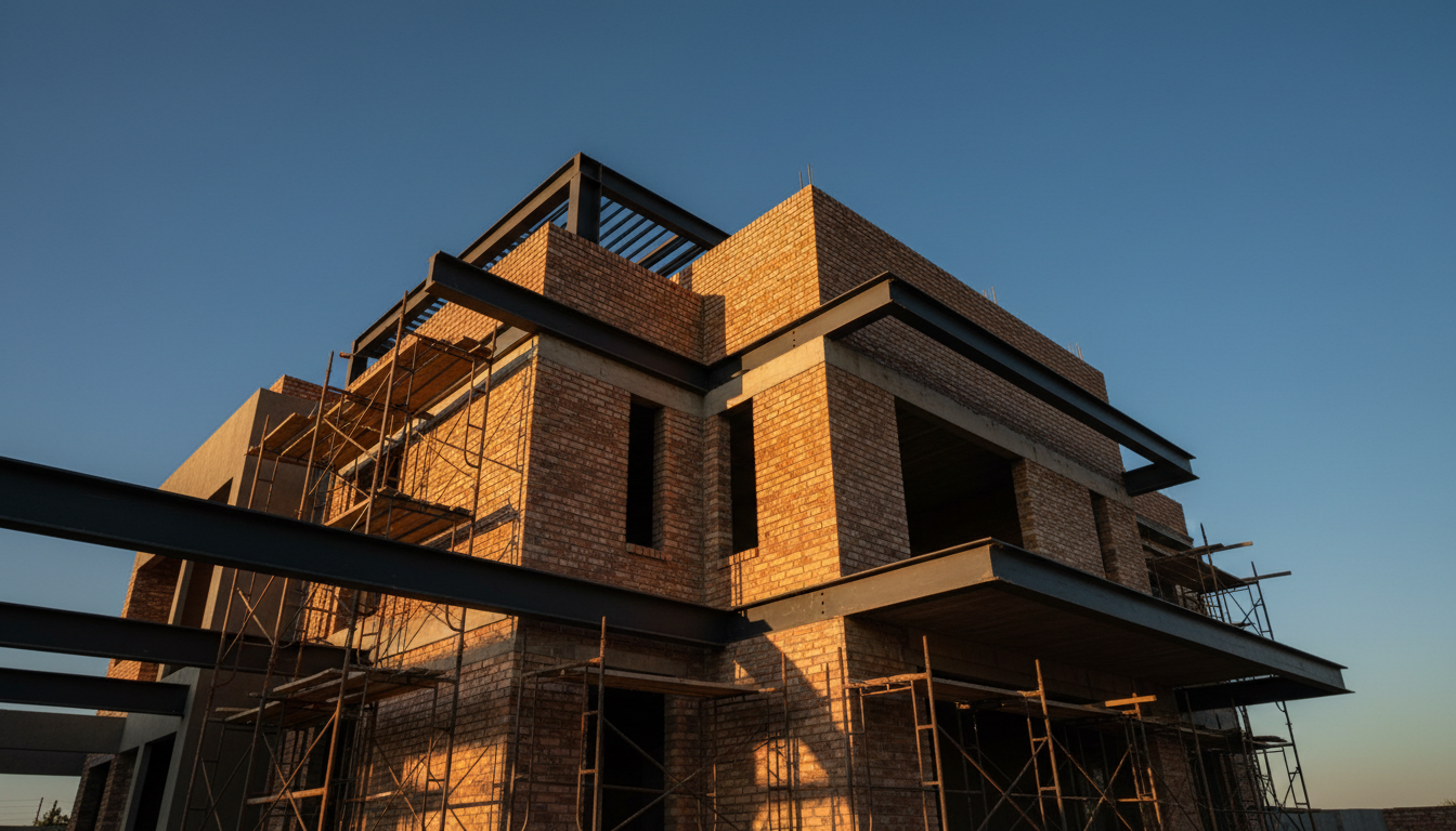 Architectural construction at golden hour