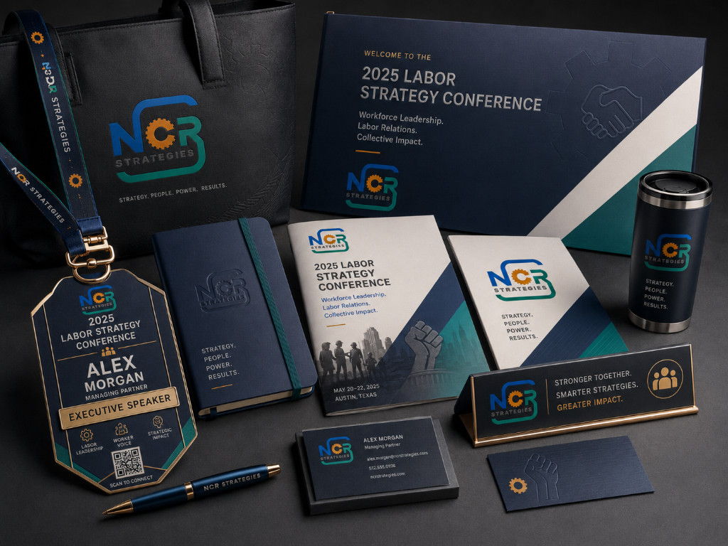 NCR Strategies Labor Strategy Conference brand package featuring conference signage, badge, lanyard, tote, folder, notebook, business card, drinkware, and presentation materials.