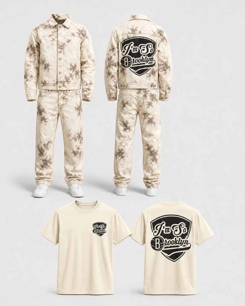 KOOL FOR LIFE and Brooklyn Nets inspired apparel collaboration mockup featuring branded shirt and clothing set.
