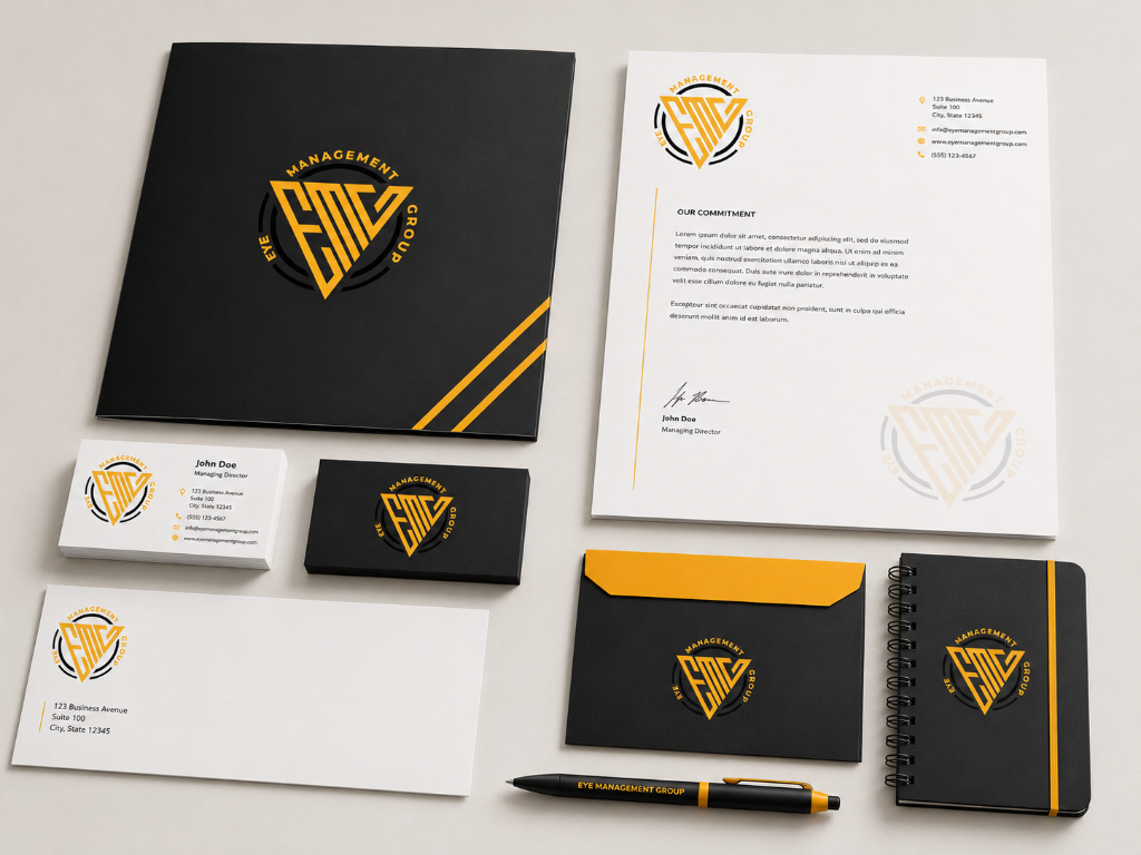 EYE Management Group black and gold stationery package mockup featuring letterhead, business cards, envelope, presentation folder, notebook, and branded pen.