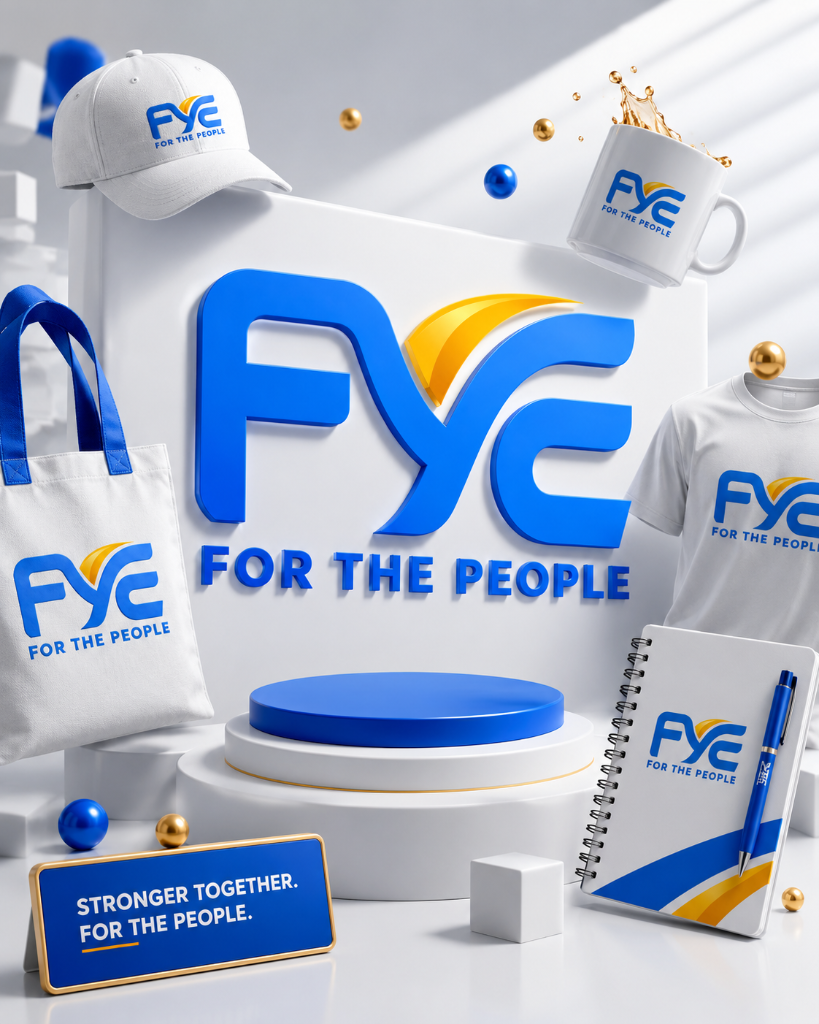 Fye For The People 3D promotional merchandise mockup featuring branded apparel, tote bag, mug, notebook, cap, and campaign signage.