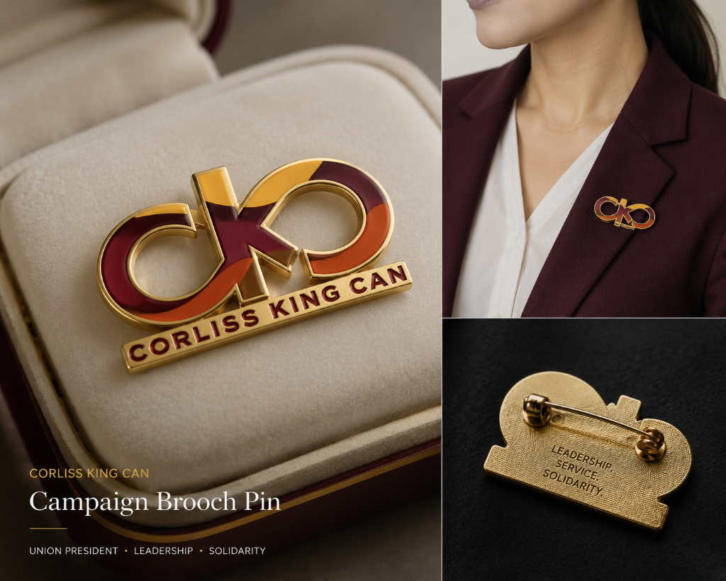 Luxury campaign brooch pin mockup created from the Corliss King Can logo for a union president campaign.