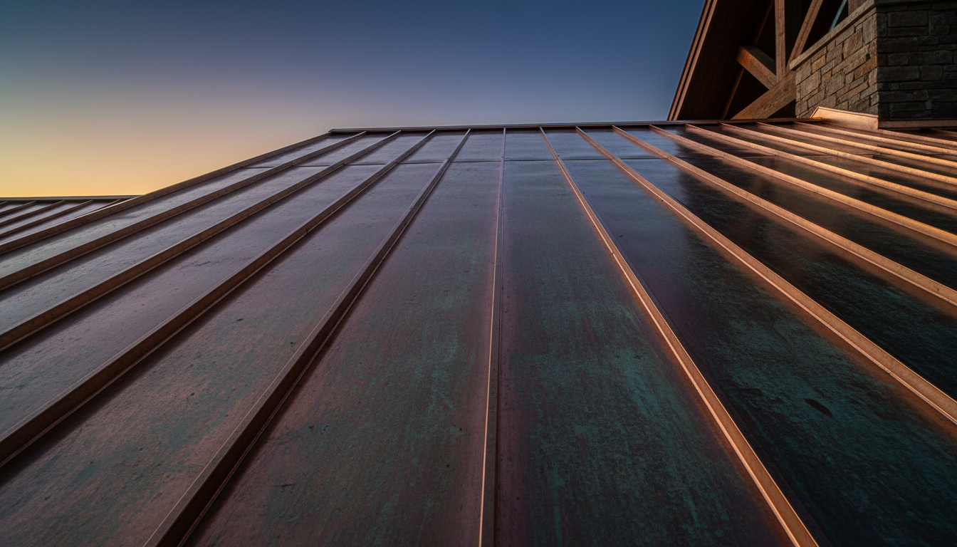 Standing seam copper roof against North Carolina dusk sky
